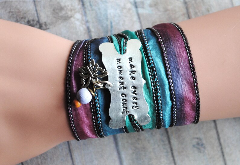 Silk wrap bracelet, yoga bracelet, quote bracelet, inspired bracelet, hand stamped, yoga bracelet,make every moment count image 2