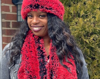 Calentador de cabeza de piel sintética negra, bufanda infinita, se vende por separado o en conjunto: puntas en rojo intenso