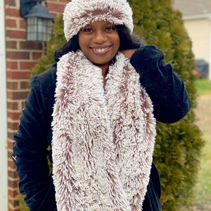 Infinity Scarf | Taupe Faux Fur &quot;Snuggle&quot; Infinity Scarf & Head Warmer Set with White Frosted Tips Cowl Neck