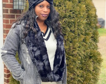 Bufanda infinita de felpa negra: conjunto de Minky con relieve y calentador de cabeza