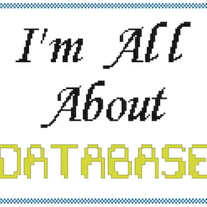 May include: A white background with black text that reads "I'm All About DATABASE" in a stylized font. The word "DATABASE" is in yellow block letters.
