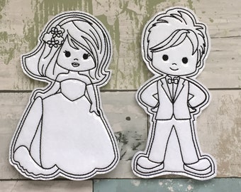 Bride and Groom Colouring Doll,  Reusable, Washable, Green, Children, Playtime, Quiet Time, Toddler, Kids, Wedding,