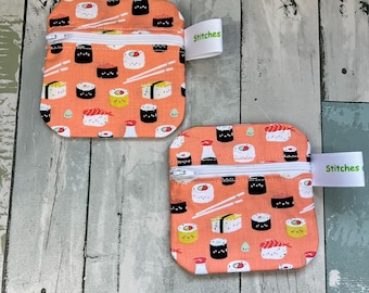 Sushi Print Cotton Zipper Pouch, Small Coin Purse, Card Holder
