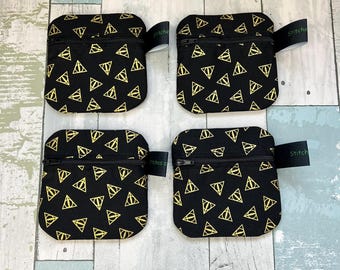 100% Cotton Zipper Pouch, Black Gold Symbol Print, Small Coin Wallet