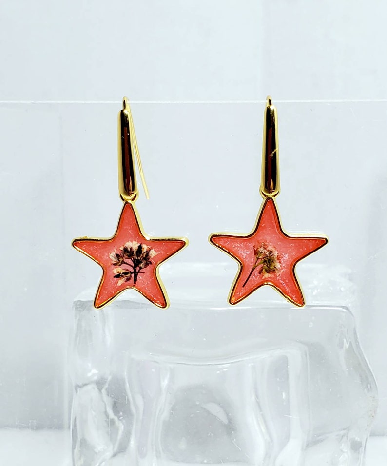 Handmade celestial flower earrings tiny colourful moon and star dropsdangles resin floral starscape jewelry
