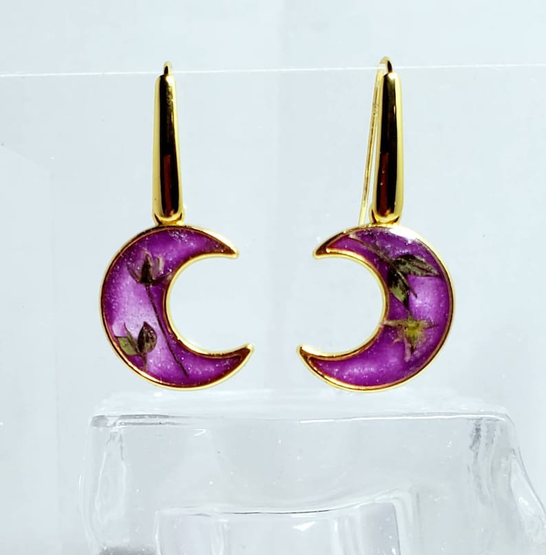Handmade celestial flower earrings tiny colourful moon and star dropsdangles resin floral starscape jewelry