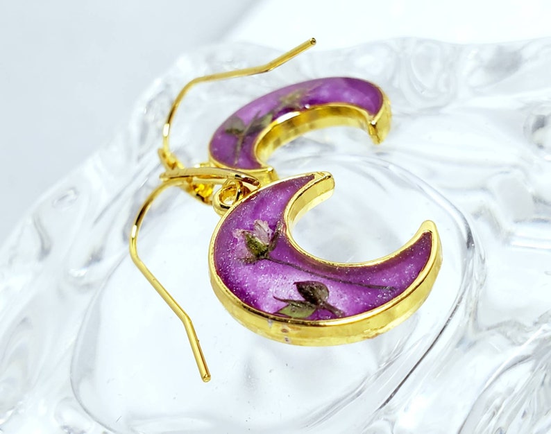 Handmade celestial flower earrings tiny colourful moon and star dropsdangles resin floral starscape jewelry