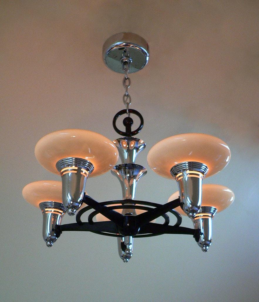Antique Art Deco Lightolier slip shade chandelier.
