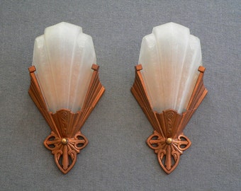 Antique pair of slip shade Art deco sconces by Virden