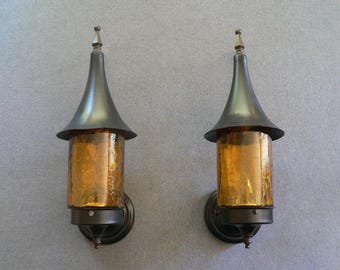 Pair of Art Deco porch light with carckled shade
