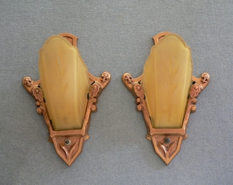 Antique Art Deco pair of slip shade sconces by Moe Bridges