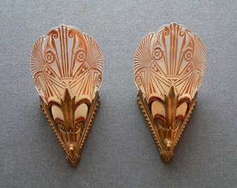 Antique pair of slip shade Art deco Sconces made by Lightolier.