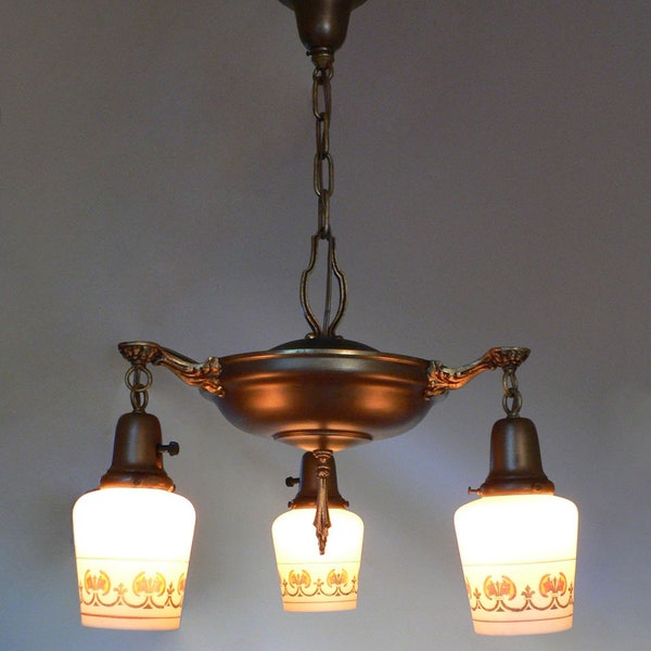 Antique Victorian Art Deco chandelier with original slip shades