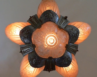 Antique Lincoln Art Deco chandelier with slip shades 1920&#39;s