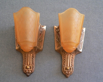 Antique pair of Moe Bridges slip shade sconces from 1920's