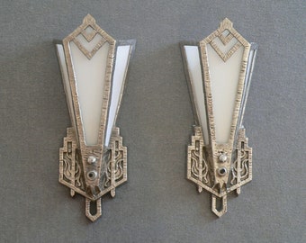 Pair of antique slip shade Art Deco sconces