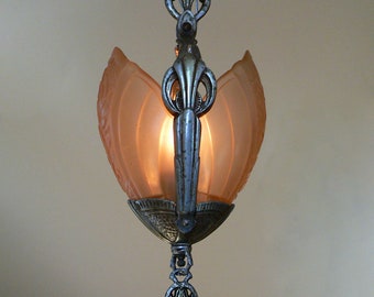 Antique Art Deco Lincoln slip shade chandelier from 1930&#39;s
