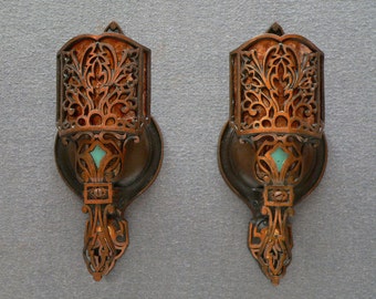 Antique pair of bronze Art deco sconces with mica shade, from 1930&#39;s,