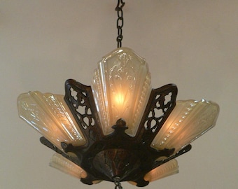 Antique Art Deco slip shade chandelier by Virden