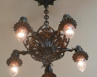 Antique bronze Art Deco 5 lights chandelier by Midwest manufactureing