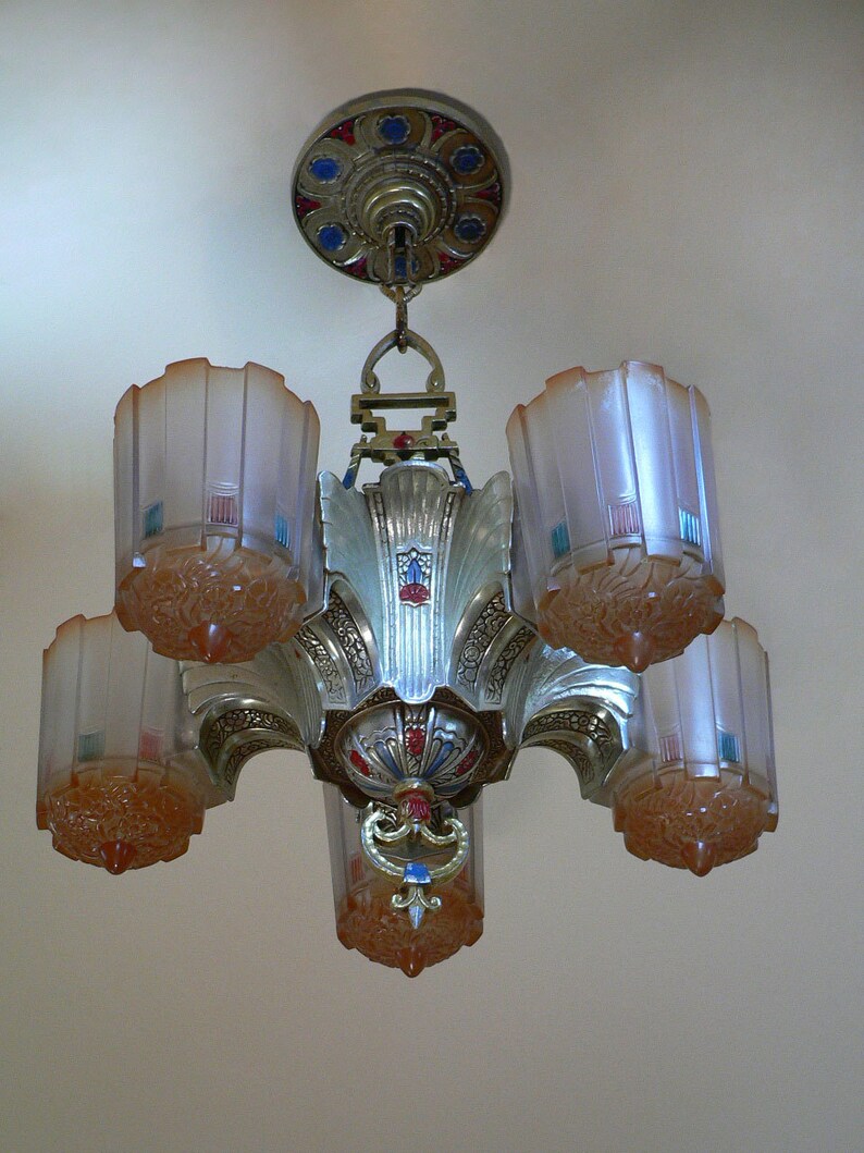 Antique Art Deco slip shade chandelier by Markel Etsy