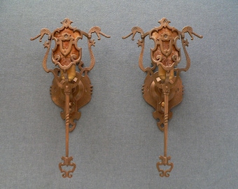 Antique pair of Bronze Art Deco sconces with mica shade