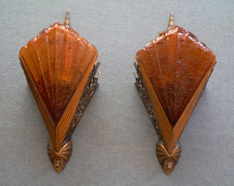 Antique pair of bronze Art Deco slip shade sconces