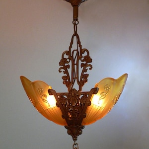 Antique 2 lights Art Deco chandelier with slip shades by Markel