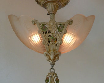 Antique Art Deco slip shade chandelier by Markel