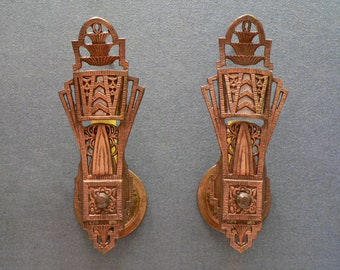 Antique pair of Art Deco Gothic sconces with mica slip shade 1920's