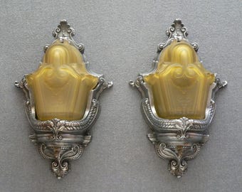 Pair of antique Art Deco slip shade sconces