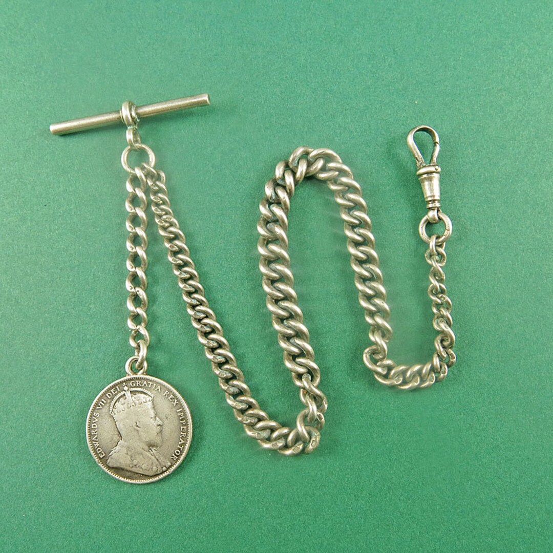 Antique Sterling Watch Chain With 1910 Sterling Coin Watch Fob Pendant