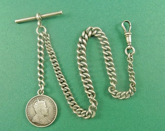 Chaîne de montre en livres sterling antique avec 1910 Sterling Coin Watch Fob Pendentif Montre antique Accessoires De chaîne poinçonnés Maillons de chaîne poinçonnés