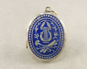 Victorien Antique Silver Locket Pendentif Bleu ÉmailNièret Image Médaillon Victorien Cadeau Pour Femmes