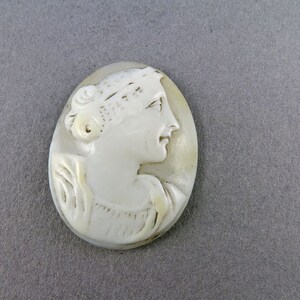 Puede incluir: Colgante de camafeo ovalado que representa el perfil de una mujer. El tallado es de color blanco crema, con el pelo de la mujer recogido. El fondo es de color blanco roto. El colgante es probablemente de concha o material similar.