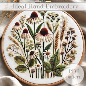 May include: A hand embroidery pattern featuring a bouquet of wildflowers, including coneflowers, daisies, and wheat stalks. The pattern is printed on white paper and includes the text "PDF pattern".