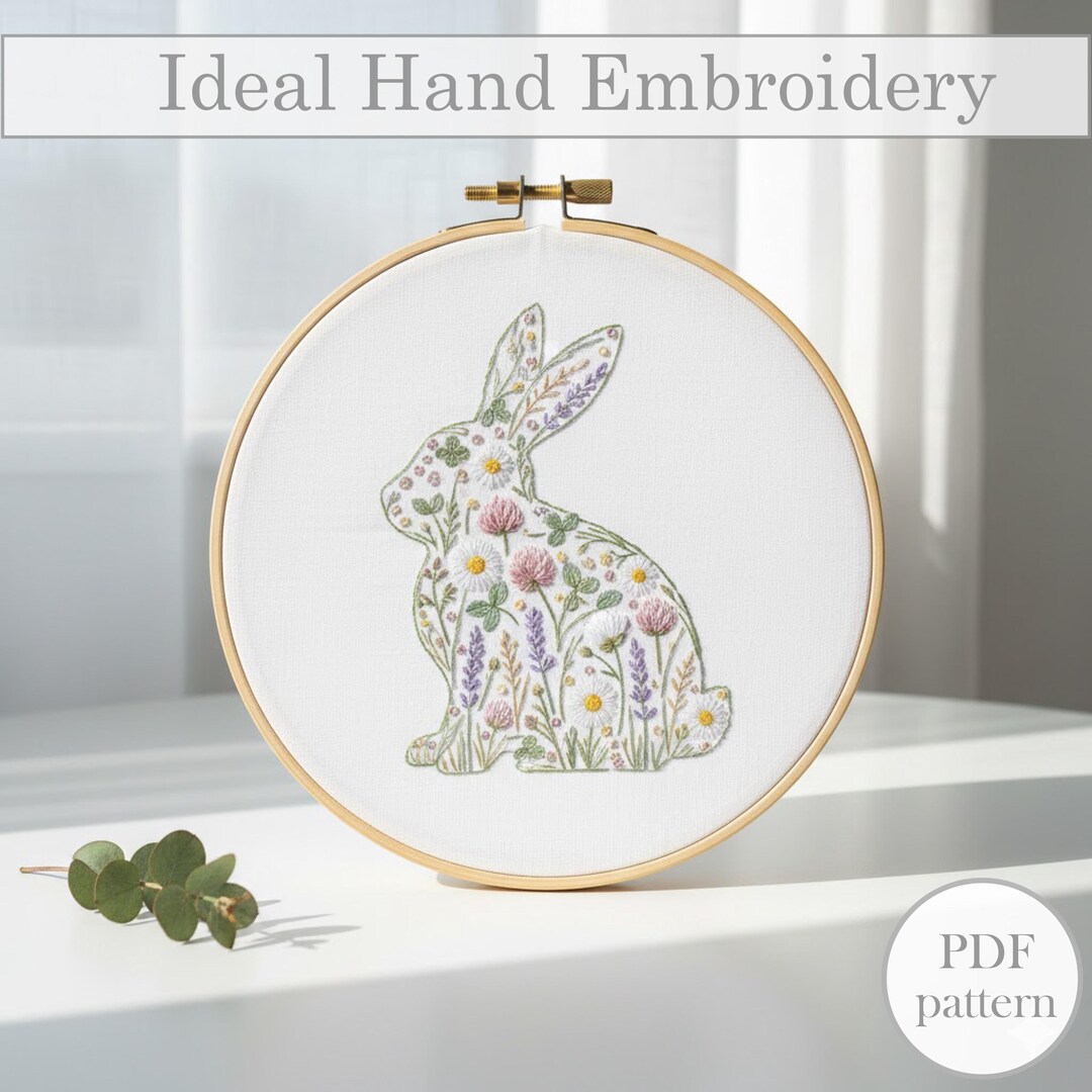 Floral Bunny Embroidery Pattern PDF, Spring Rabbit Hand Embroidery ...