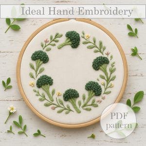 May include: Hand-embroidered artwork featuring a circular design of green broccoli florets and leaves. The embroidery is set in a wooden hoop against a cream-coloured fabric. The text "Ideal Hand Embroidery" is at the top.