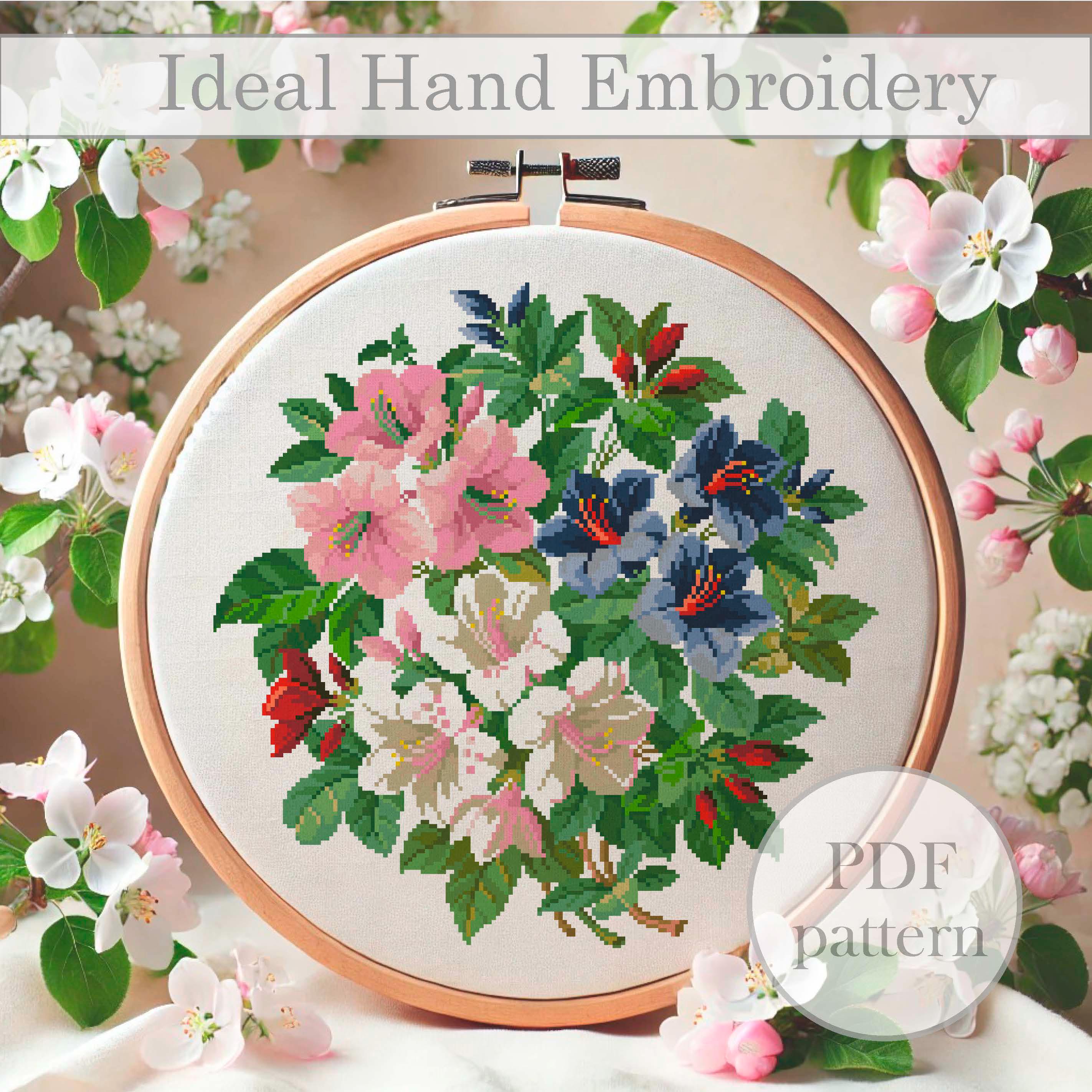 Azalea Tooling Pattern Azaleas Cross Stitch Pattern | Colorful Pink, White & Blue Flowers PDF ...
