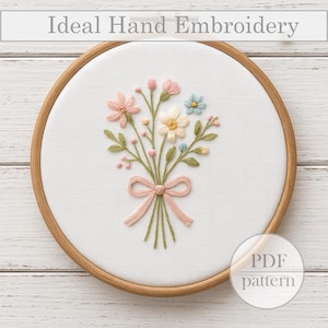 Stickmuster Frühlingsblumenstrauß PDF – Handstickmuster mit Schleife und pastellfarbenen Blumen – Anfängerfreundliche Stickanleitung