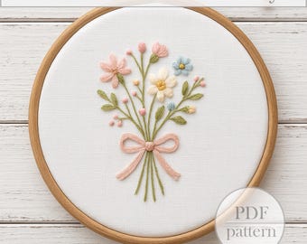 Patrón de bordado de ramo floral primaveral en PDF: diseño de bordado a mano con lazo y flores pastel: guía de puntadas para principiantes