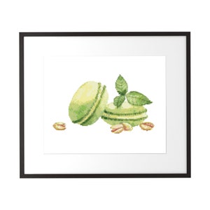 Può includere: Un'illustrazione incorniciata di due macarons al pistacchio verdi con un rametto di foglie verdi e pistacchi sparsi intorno.