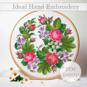 Kruissteekpatroon voor bloemenkrans | Vintage rozen en lelietjes-van-dalen PDF | Lentebloemen Borduurwerk | DMC-nummer | Alleen volledige steek