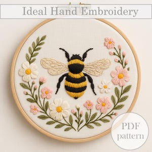 Patrón de bordado de abeja en PDF – Bordado a mano con flores – Guía de puntadas para principiantes – Descarga instantánea