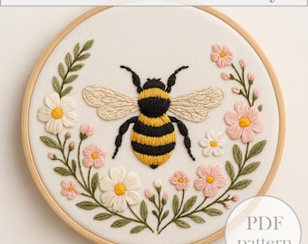 Patrón de bordado de abeja en PDF – Bordado a mano con flores – Guía de puntadas para principiantes – Descarga instantánea