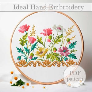 Korsstygnsmönster för vildblommor | Vintage blombroderi PDF | Färgglada trädgårdsblommor | DMC | Endast fullstygn