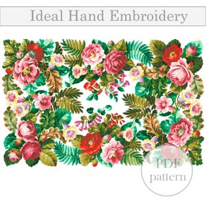 Patrón de punto de cruz con gran borde floral | Diseño de jardín botánico vintage PDF | Rosas y helechos románticos | DMC | Solo puntada completa