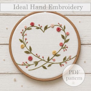 Herzkranz-Stickmuster – Florale Handstickerei PDF – Romantische Stickrahmenkunst für Anfänger