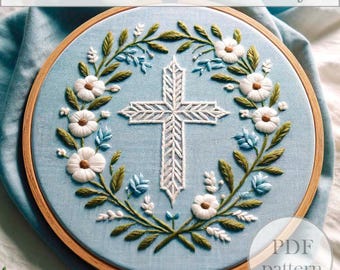 Borduurpatroon Gestikte Zegeningen PDF – Bloemenkruisontwerp, Doop- of Paasringkunst, Christelijk handborduurwerk, Maten 3-8 inch