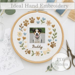 Puede incluir: Arte de aro bordado a mano con una foto de perro, rodeado de huellas de patas, corazones y diseños florales en tonos beige, azul y crema. La palabra "Buddy" está debajo de la foto. El texto "Ideal Hand Embroidery" está en la parte superior.